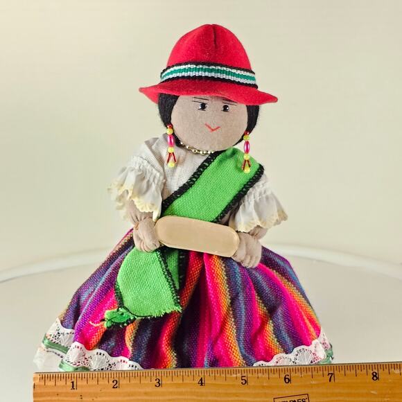 Handmade Bolivian Cloth Doll 9" Traditional Dress Red Hat Colorful Skirt & Beads - Picture 5 of 16